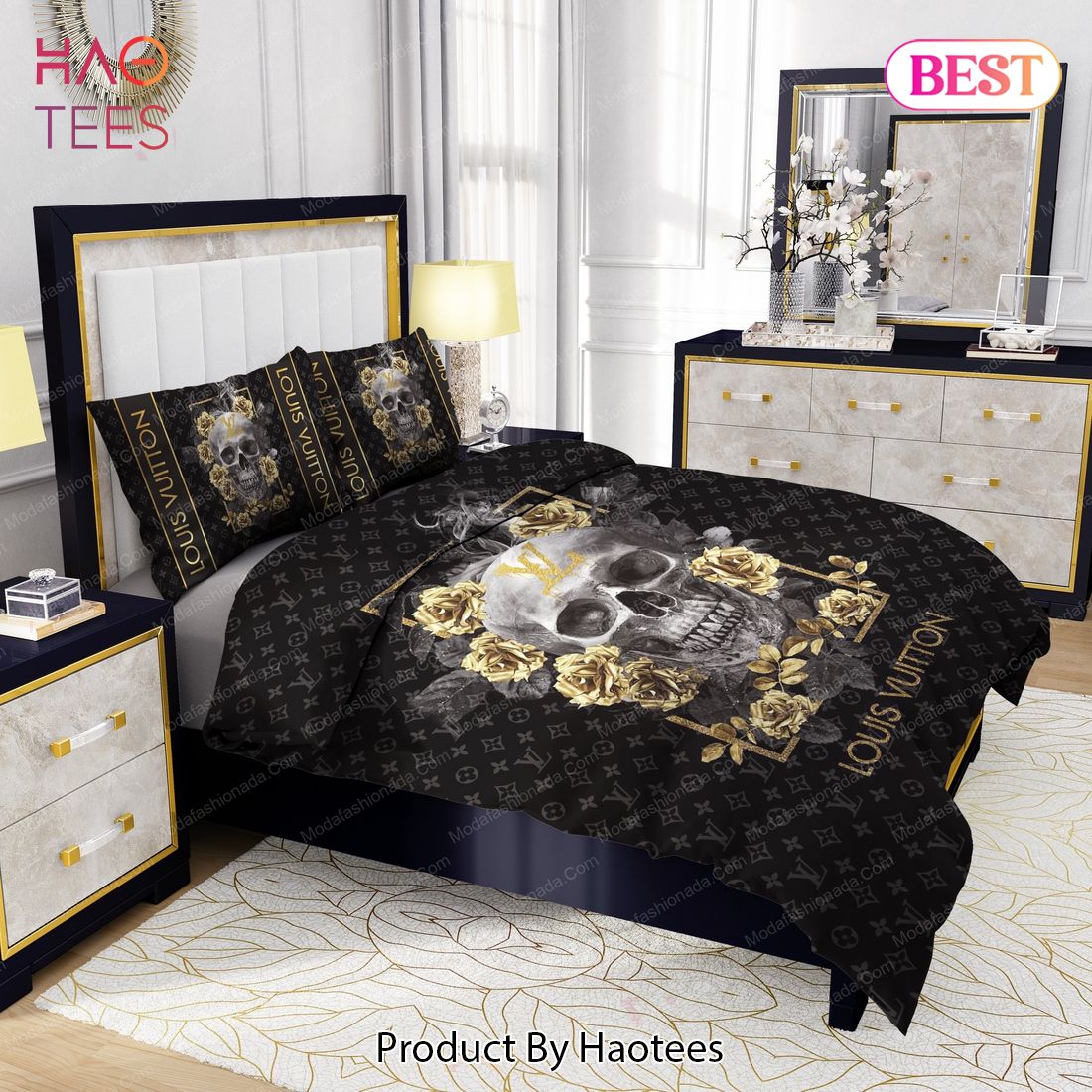 Skull And Yellow Rose Louis Vuitton Bedding Sets Bed Sets, Bedroom Sets, Comforter Sets, Duvet Cover, Bedspread