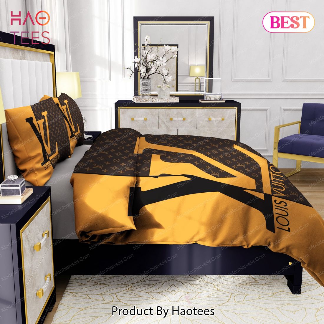 Yellow And Brown Background Louis Vuitton Bedding Set - Binteez