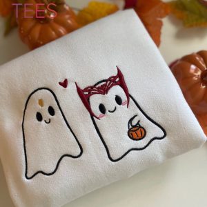Cute Ghost Wanda And Vis Embroidered Marvel Spooky Marvels Halloween Marvels Gift For Women Ghost Tee Shirt