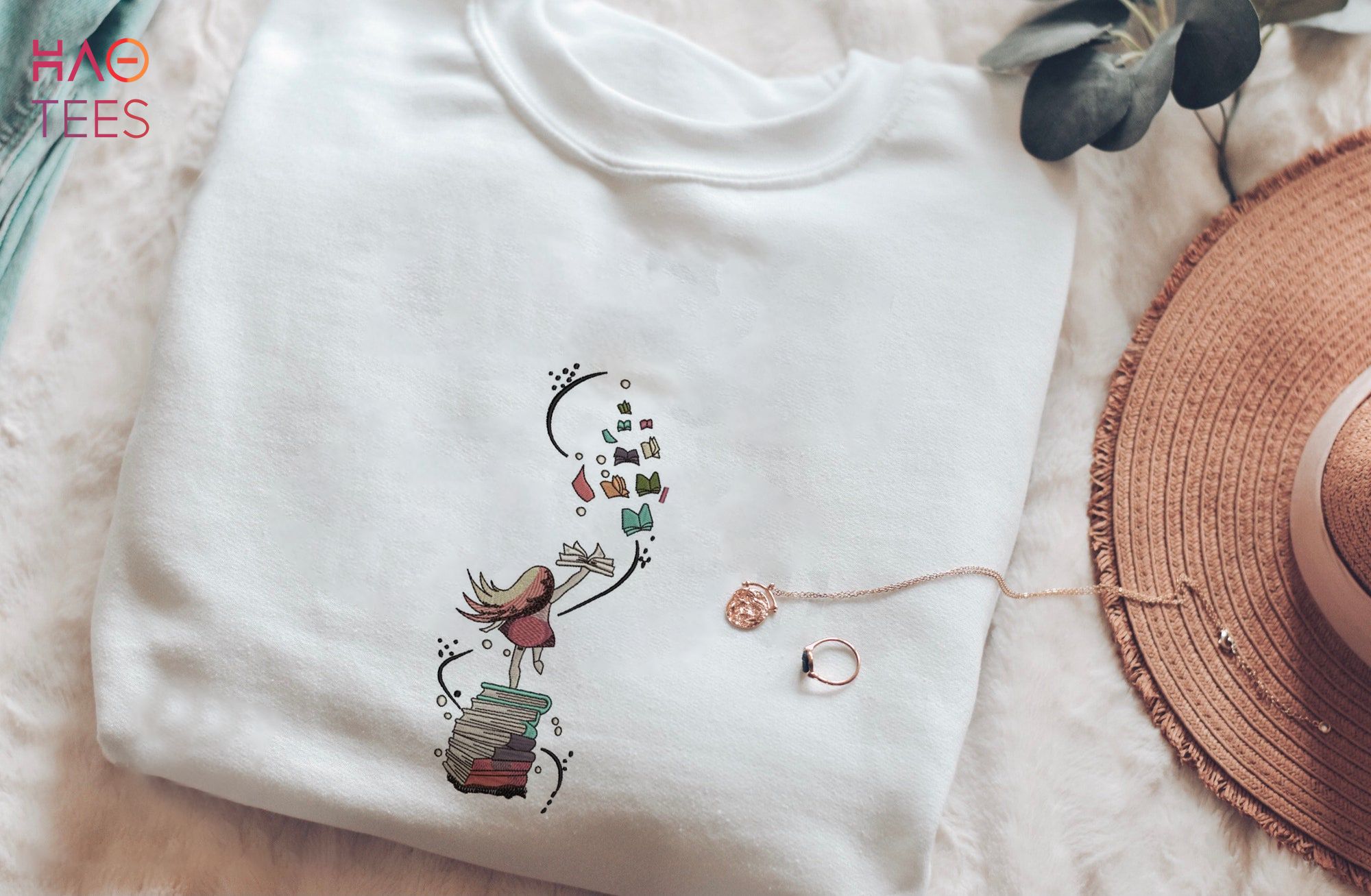 Embroidered Book And Girl Book Lover Book Embroiderez Shirt