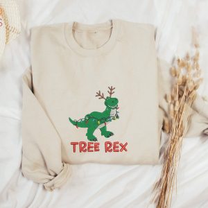 Embroidered Tree Rex Christmas Dinosaur Christmas Gift T-Rex Christmas Funny Christmas Party Shirt