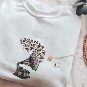 Floral Record Player Embroidery Think Positive Be Positive Cute Motivational Gift for Her Music Lover Shirt