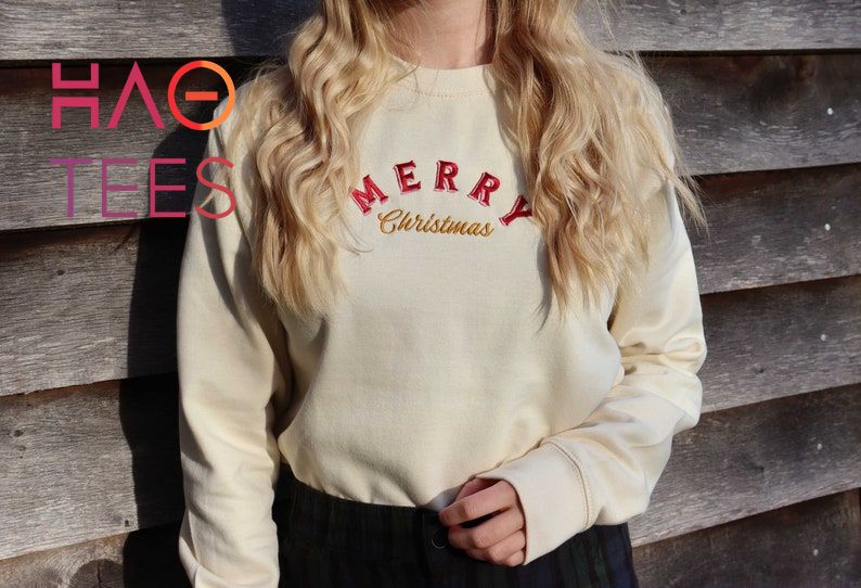 Retro Merry Christmas Embroidered Unisex Holidays Crewneck Stocking Filler Vintage Festive Embroidery 50s Gift Ideas Shirt