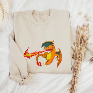Charizard Fire Legend Embroidered Custom Initial Sleeve Embroidered Custom Embroidered Crewneck Shirt