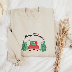 Merry Christmas Embroidered Christmas Truck Holiday Pajama Top Christmas Trees Family Christmas Shirts