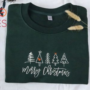 Merry Christmas Embroidered Crewneck Christmas Tree Green Vintage Christmas Gifts Shirt