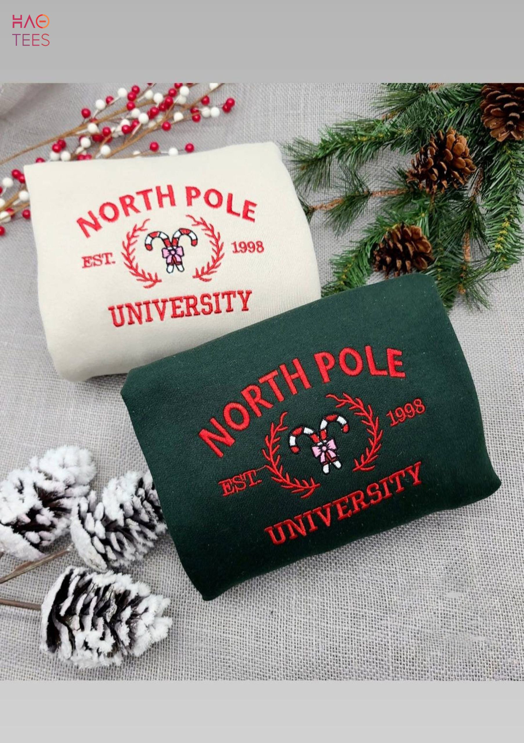 North Pole University Embroidered Holiday Crewneck Christmas Gift Shirt North Pole University Embroidered Holiday Crewneck Christmas Gift Shirt