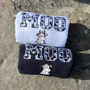 Trendy Cow Moo Animal Print Y2k Embroidered Crewneck Shirt