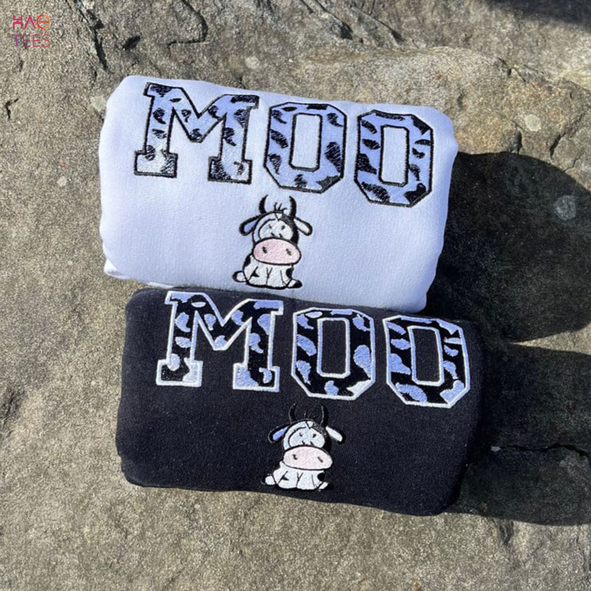 Trendy Cow Moo Animal Print Y2k Embroidered Crewneck Shirt Trendy Cow Moo Animal Print Y2k Embroidered Crewneck Shirt