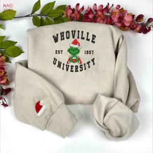 Whoville University Grinch With Heart Christmas Embroidered Crewneck Shirt