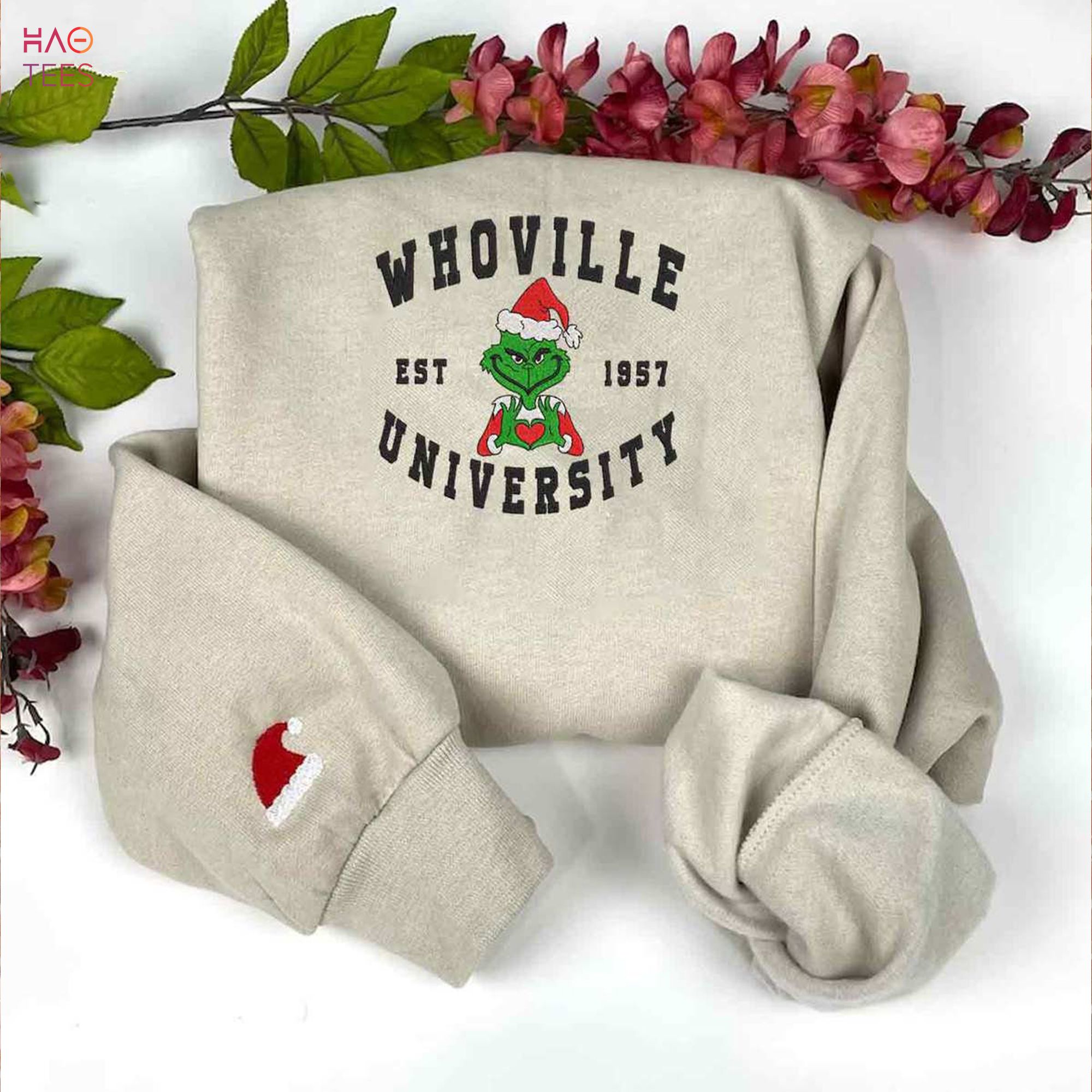 Whoville University Grinch With Heart Christmas Embroidered Crewneck Shirt Whoville University Grinch With Heart Christmas Embroidered Crewneck Shirt