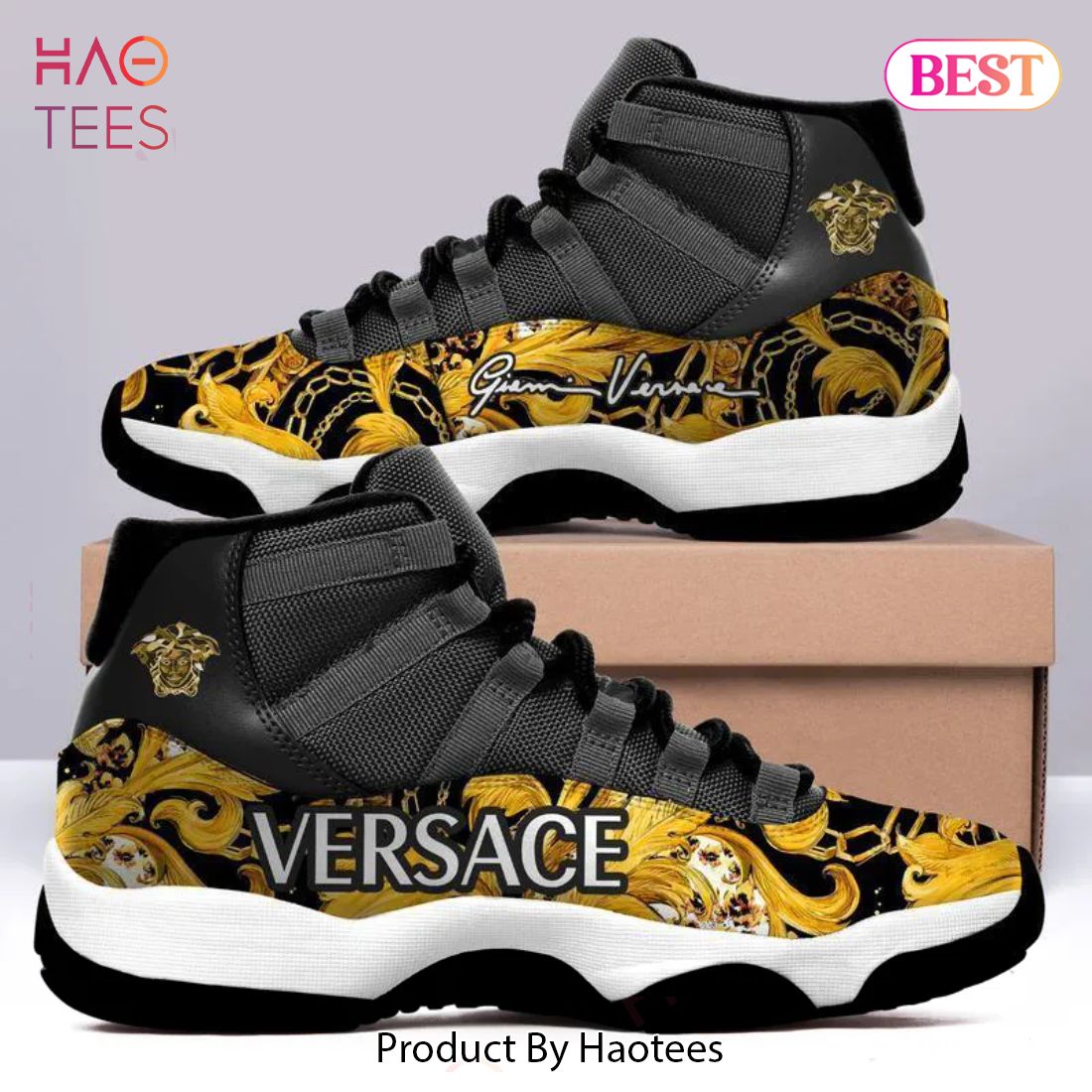 [NEW FASHION] Gianni Versace Gold Black Air Jordan 11 Sneakers Shoes Hot 2023 Gifts For Men Women