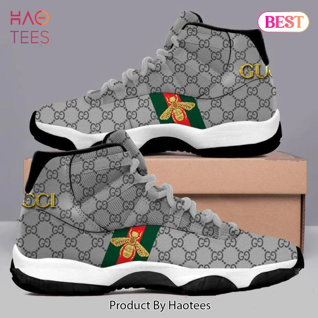 [NEW FASHION] Grey Gucci Luxury Bee Air Jordan 11 Shoes Hot 2023 Gucci Sneakers Gifts For Men Women
