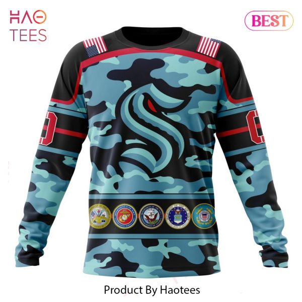 BEST NHL Seattle Kraken Specialized Design Wih Camo Team Color And Military Force Logo 3D Hoodie