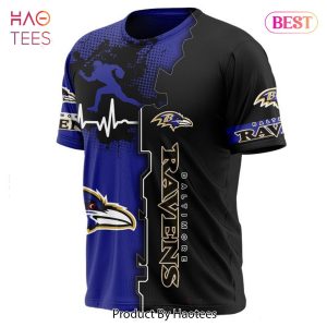 NEW FASHION 2023 Baltimore Ravens T-shirt graphic heart ECG line
