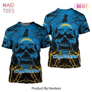 NEW FASHION 2023 Los Angeles Chargers T-shirt Halloween pumpkin skull
