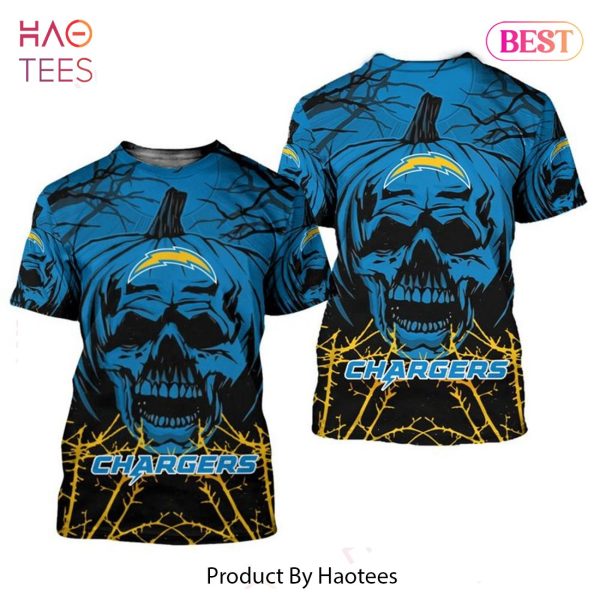 NEW FASHION 2023 Los Angeles Chargers T-shirt Halloween pumpkin skull