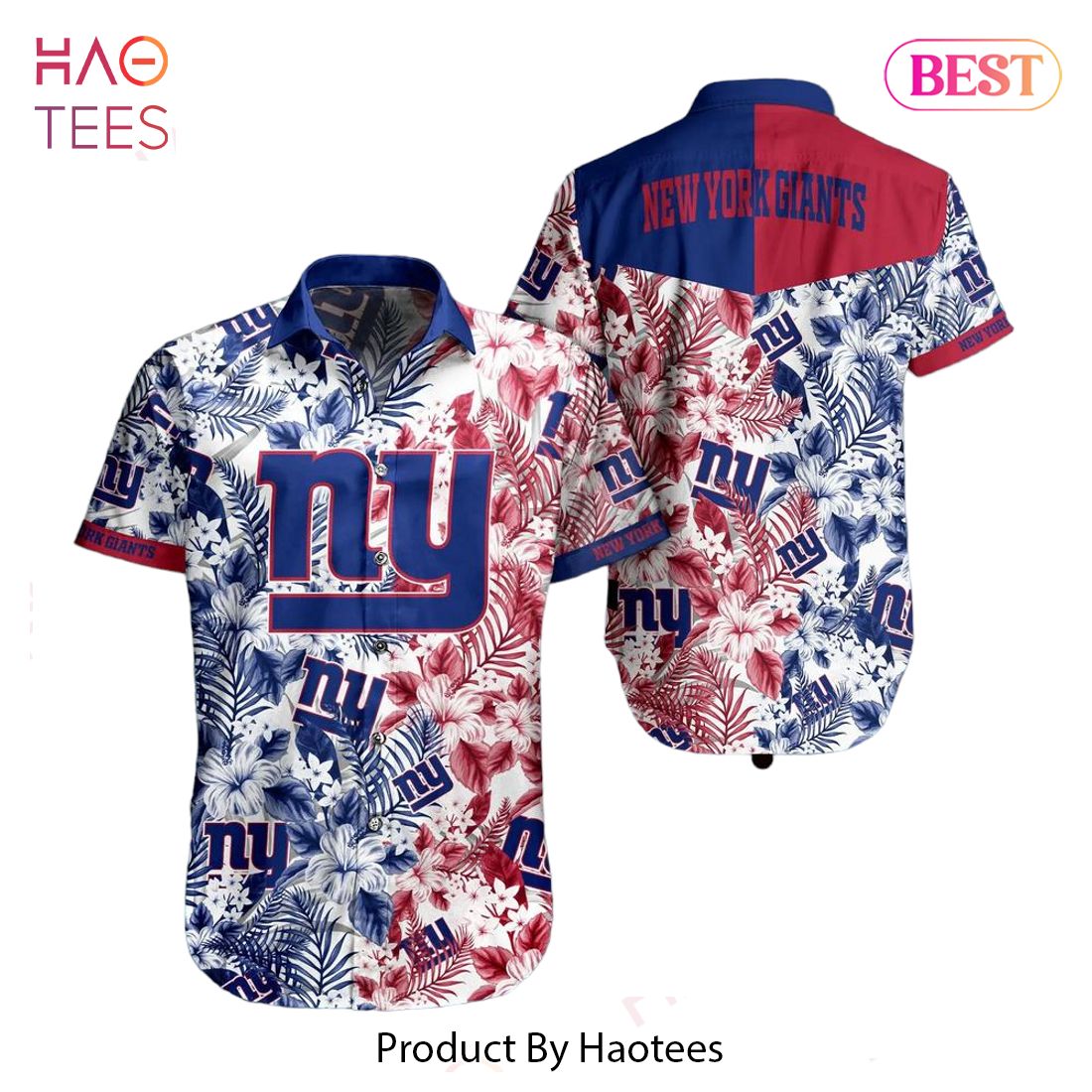 New York Giants Floral Football Team Aloha Hawaiian Beach Summer Graphic  Prints Button Up Shirt