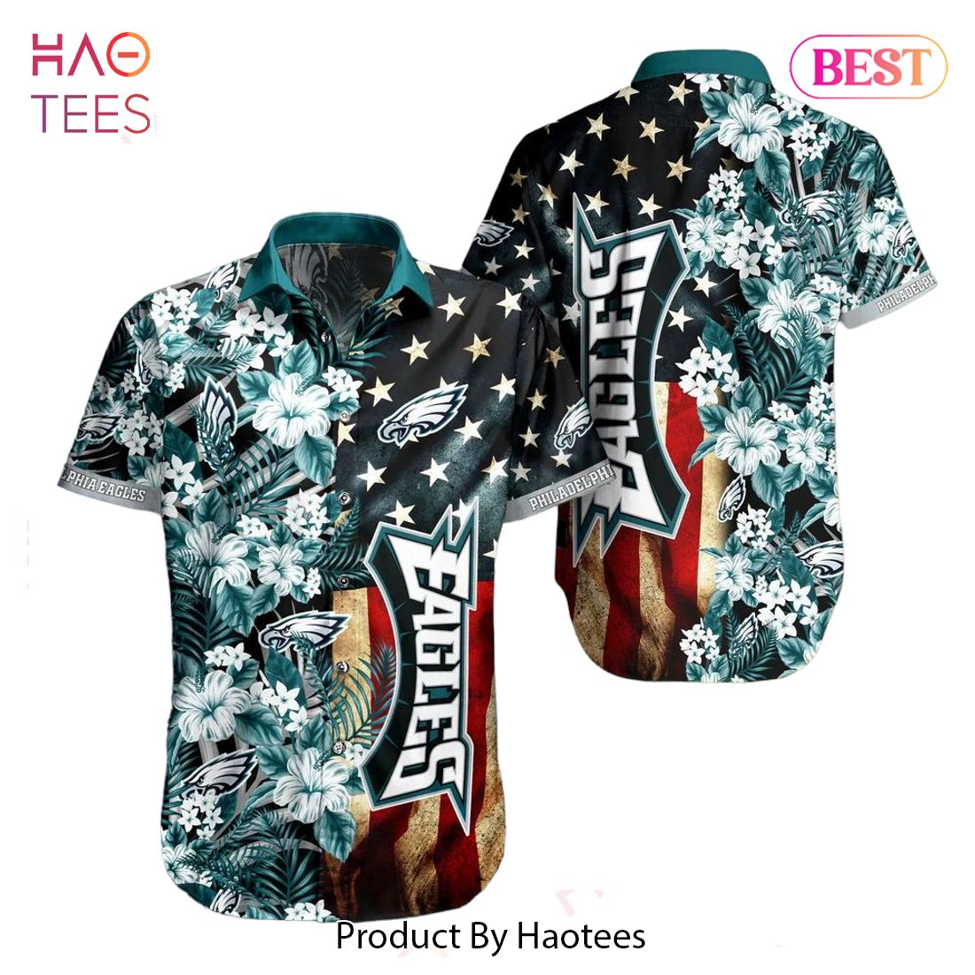 BEST Philadelphia Eagles NFL Graphic US Flag Flower Hawaiian Shirt