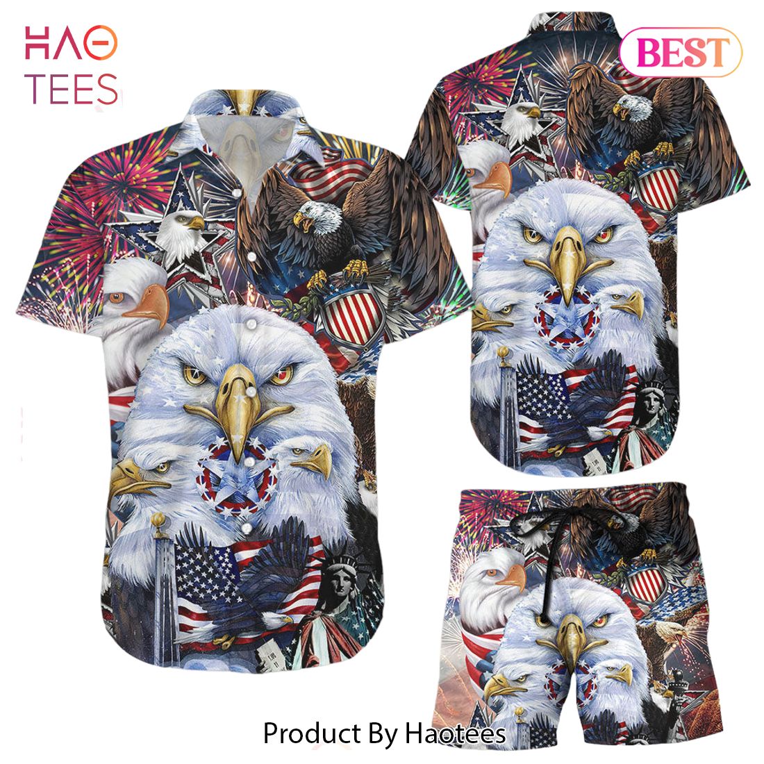 : Bald Eagle with American Flag Men's Hawaiian Shirt