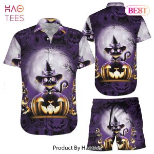 THE BEST Cat Hawaiian Shirt Halloween Cute Cat Pumpkin In Purple Hawaii Shirt Halloween Gifts For Adults