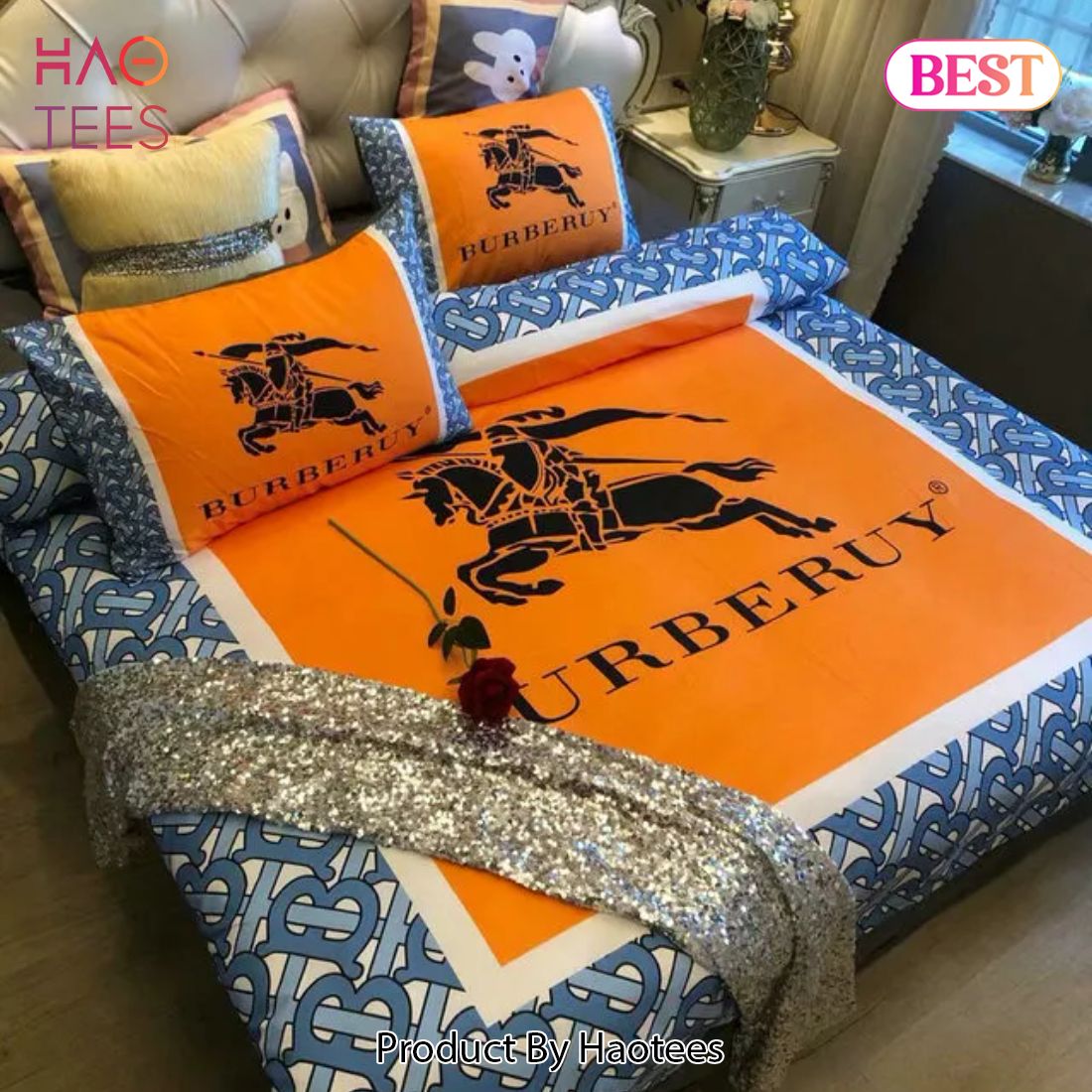 [SALE] Burberry Orange Logo Bedding Set Quilt Sets Duvet Cover Luxury Brand Bedding Decor Bedroom Sets Luxury Store