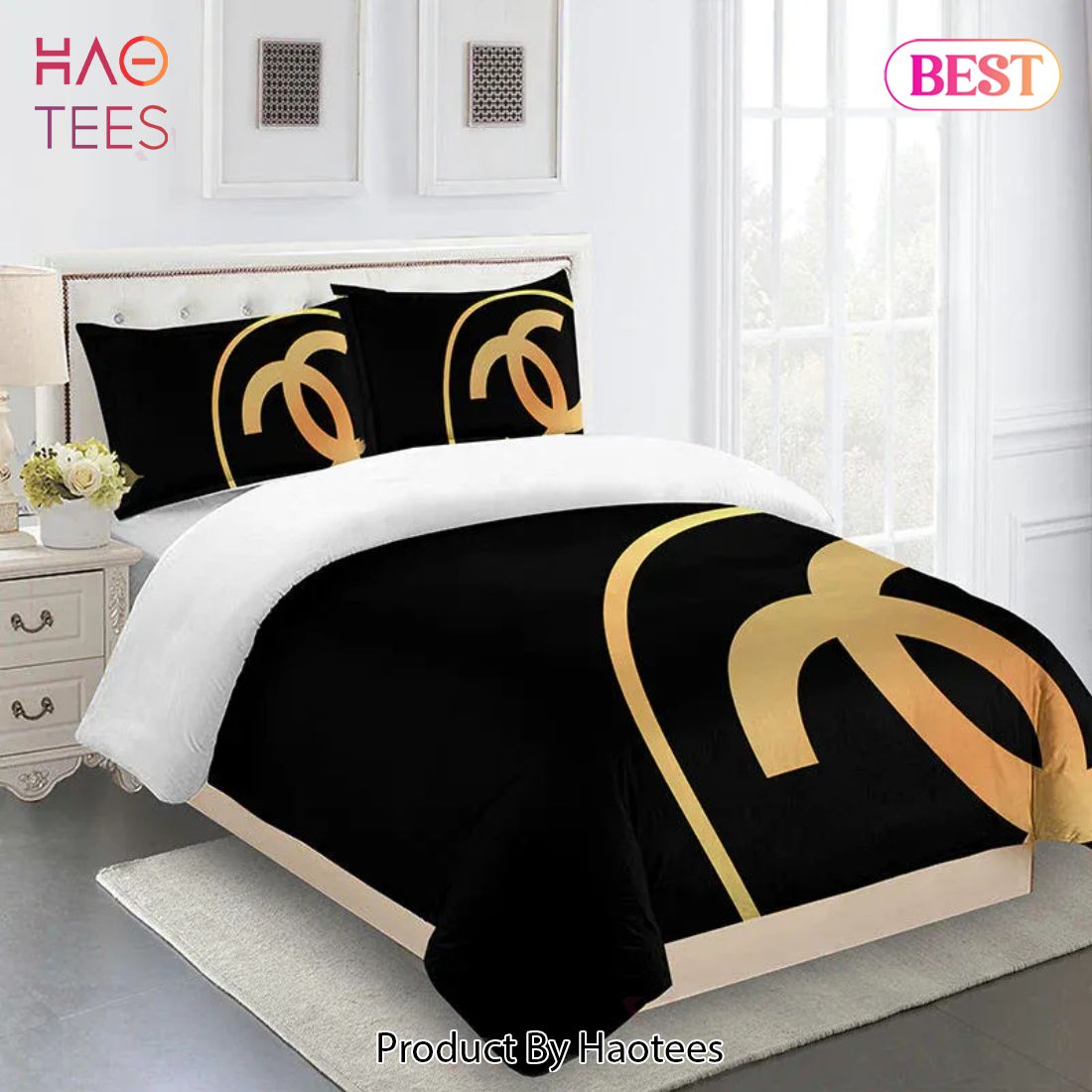 [SALE] Chanel Golden Logo Black Luxury Brand Bedding Set Duvet Cover Home Decor Luxury Store