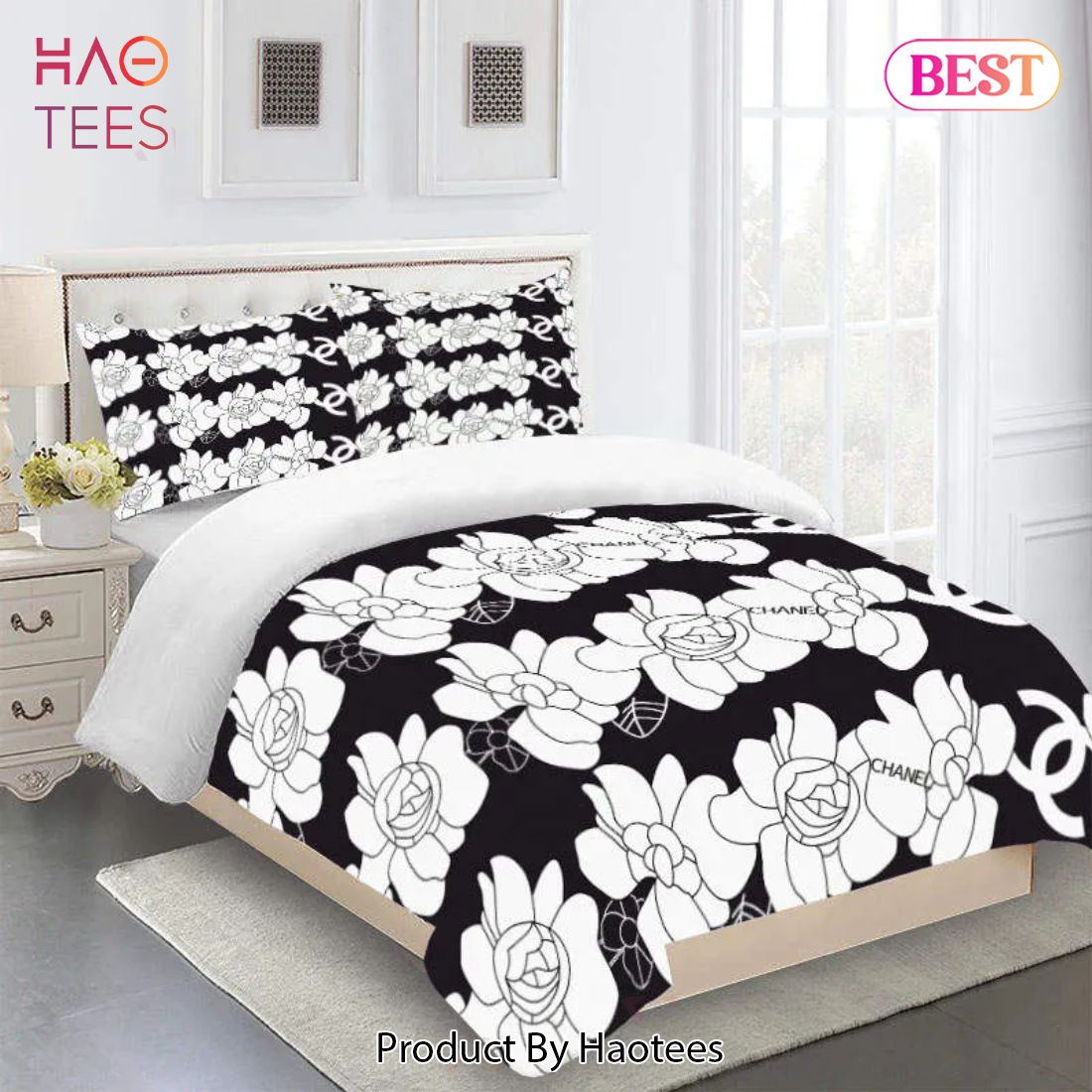 [SALE] Chanel White Flowers Black Luxury Brand Bedding Set Duvet Cover Home Decor Luxury Store