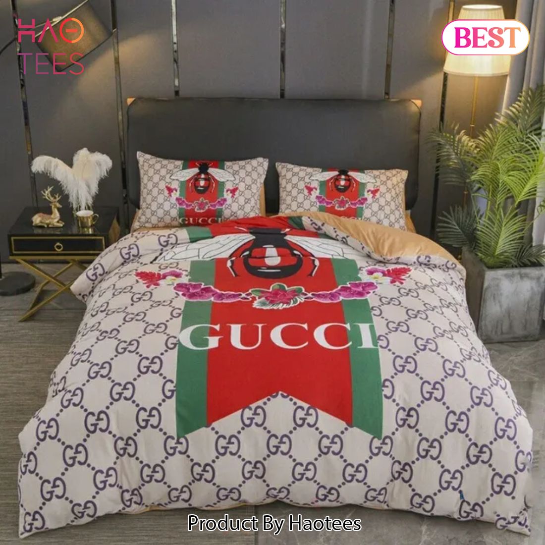 [SALE] Gucci Bee Floral Luxury Brand Bedding Set Bedspread Duvet Cover Set Home Decor Luxury Store