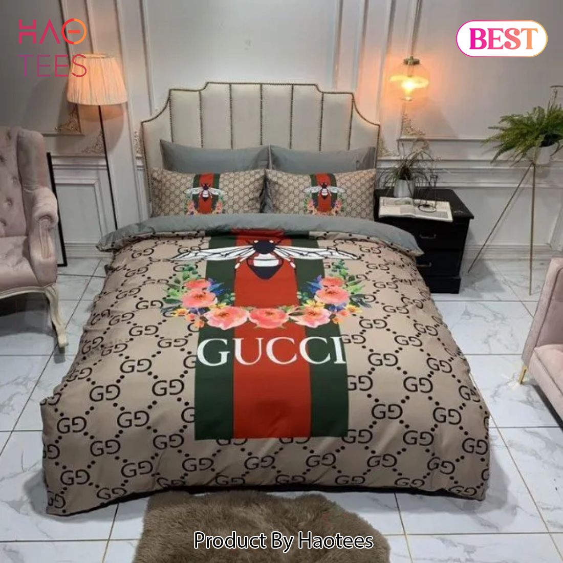 [SALE] Gucci Bee Flower Luxury Brand High-End Bedding Set Home Decor – HU21 Luxury Store