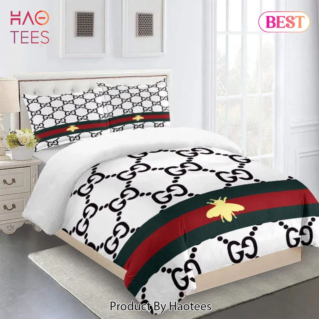 [SALE] Gucci Bee Red Green White Fashion Logo Limited Luxury Brand Bedding Set Home Decor Luxury Store