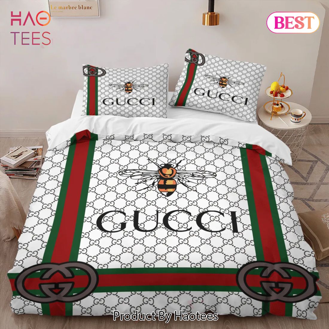 [SALE] Gucci Bee White Luxury Brand High-End Bedding Set Home Decor Luxury Store