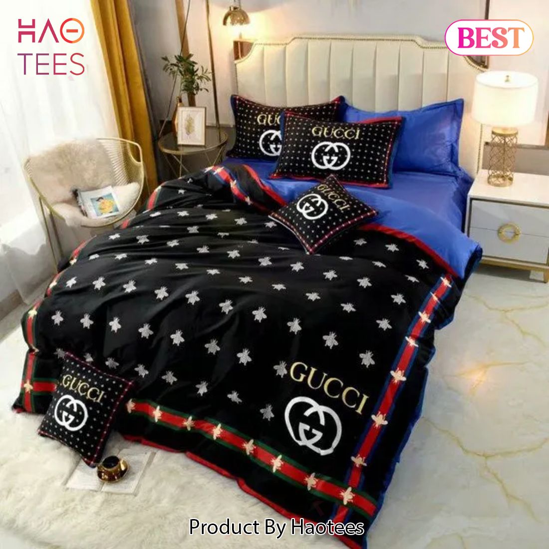 [SALE] Gucci Bees Black Luxury Brand Premium Bedding Set Bedspread Duvet Cover Set Home Decor Luxury Store