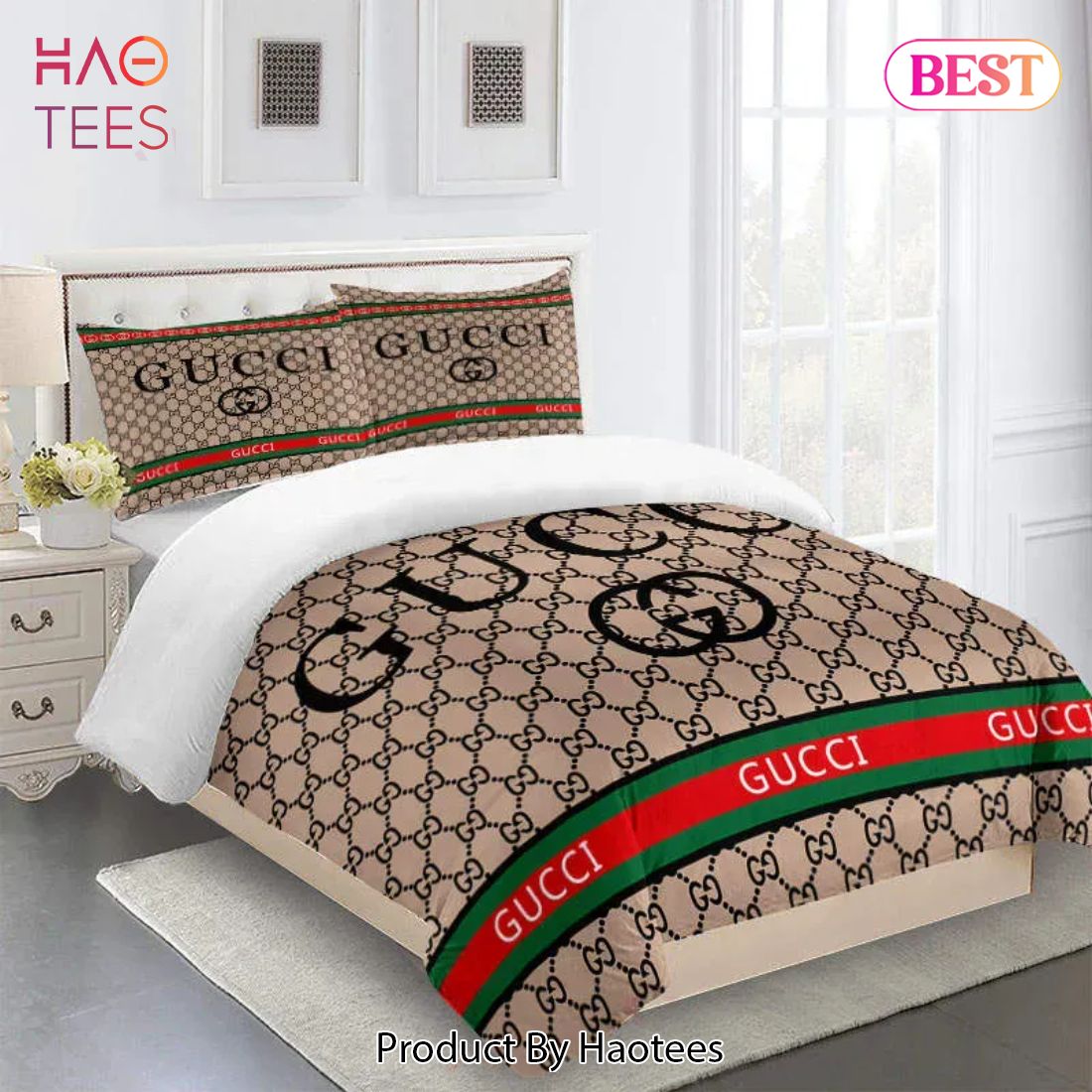 [SALE] Gucci Beige Fashion Luxury Brand Fashion Bedding Set Bedspread Duvet Cover Set Luxury Store