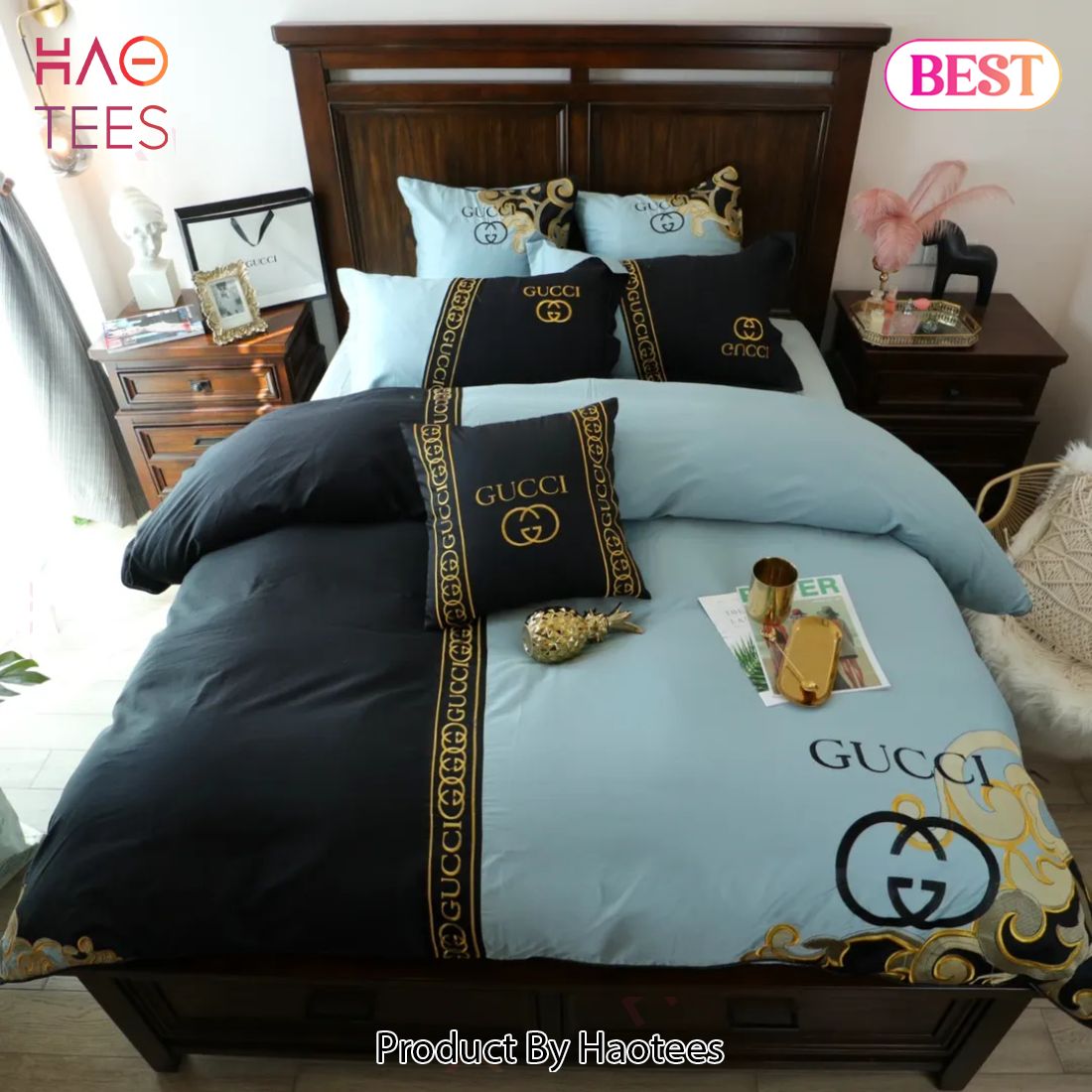 [SALE] Gucci Black And Blue Luxury Brand Bedding Set Bedspread Duvet Cover Set Home Decor Luxury Store