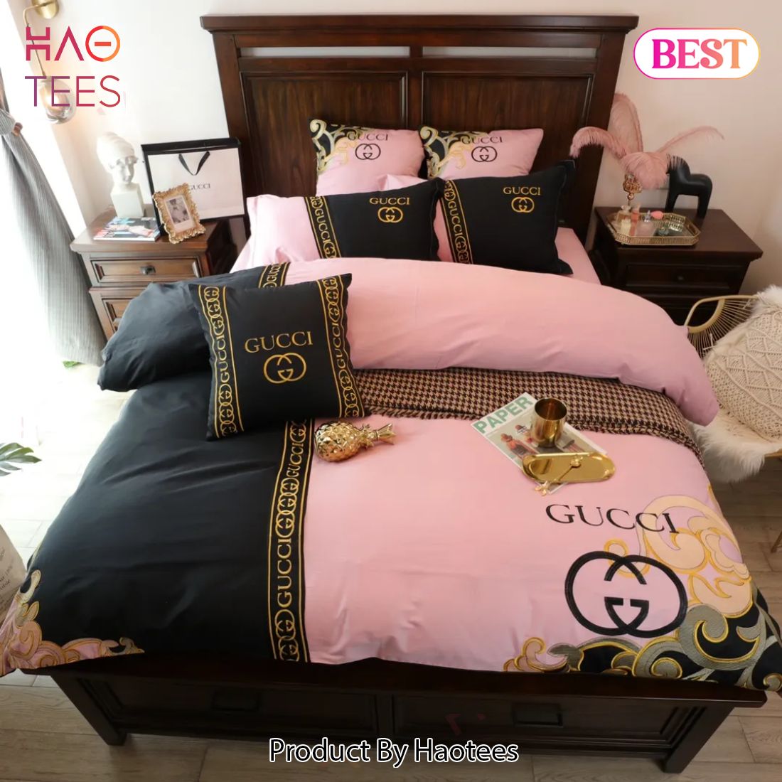 [SALE] Gucci Black And Pinky Luxury Brand Bedding Set Bedspread Duvet Cover Set Home Decor Luxury Store