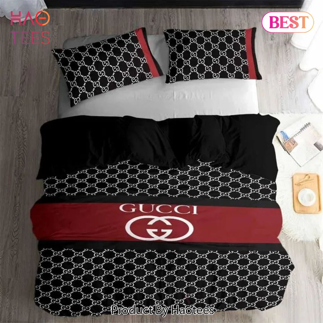 [SALE] Gucci Black Dots Logo 3d Printed Bedding Sets Quilt Sets Duvet Cover Luxury Brand Bedding Decor Bedroom Sets Luxury Store