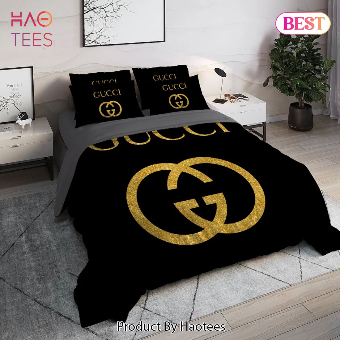 [SALE] Gucci Black Golden Logo Luxury Brand High End Premium Bedding Set Home Decor Luxury Store