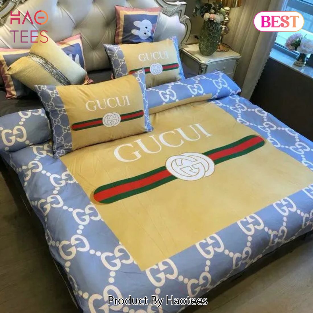 [SALE] Gucci Blue Beige Luxury Brand Premium Bedding Set Bedspread Duvet Cover Set Home Decor Luxury Store