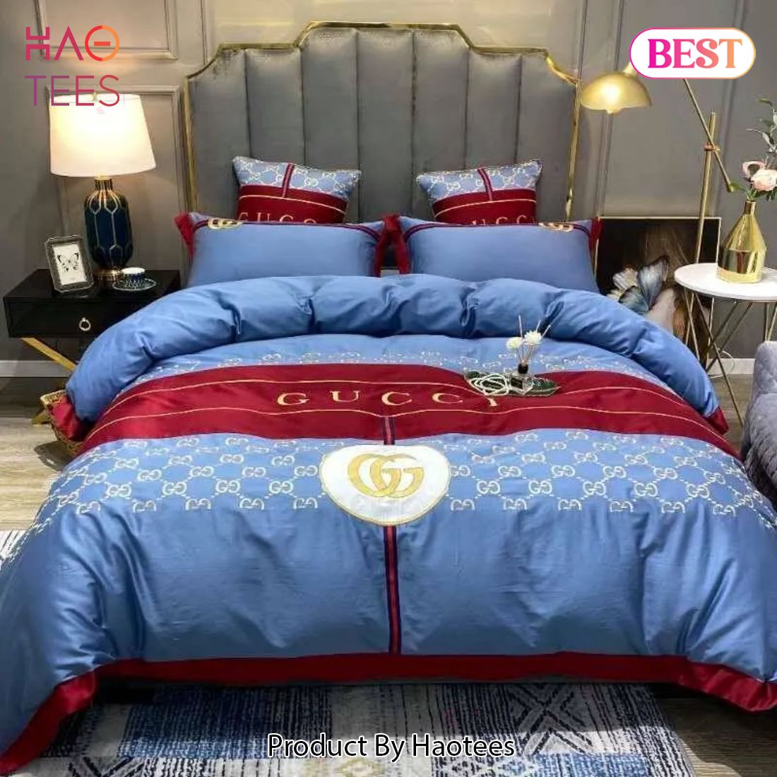 [SALE] Gucci Blue Luxury Brand High-End Bedding Set Home Decor Luxury Store