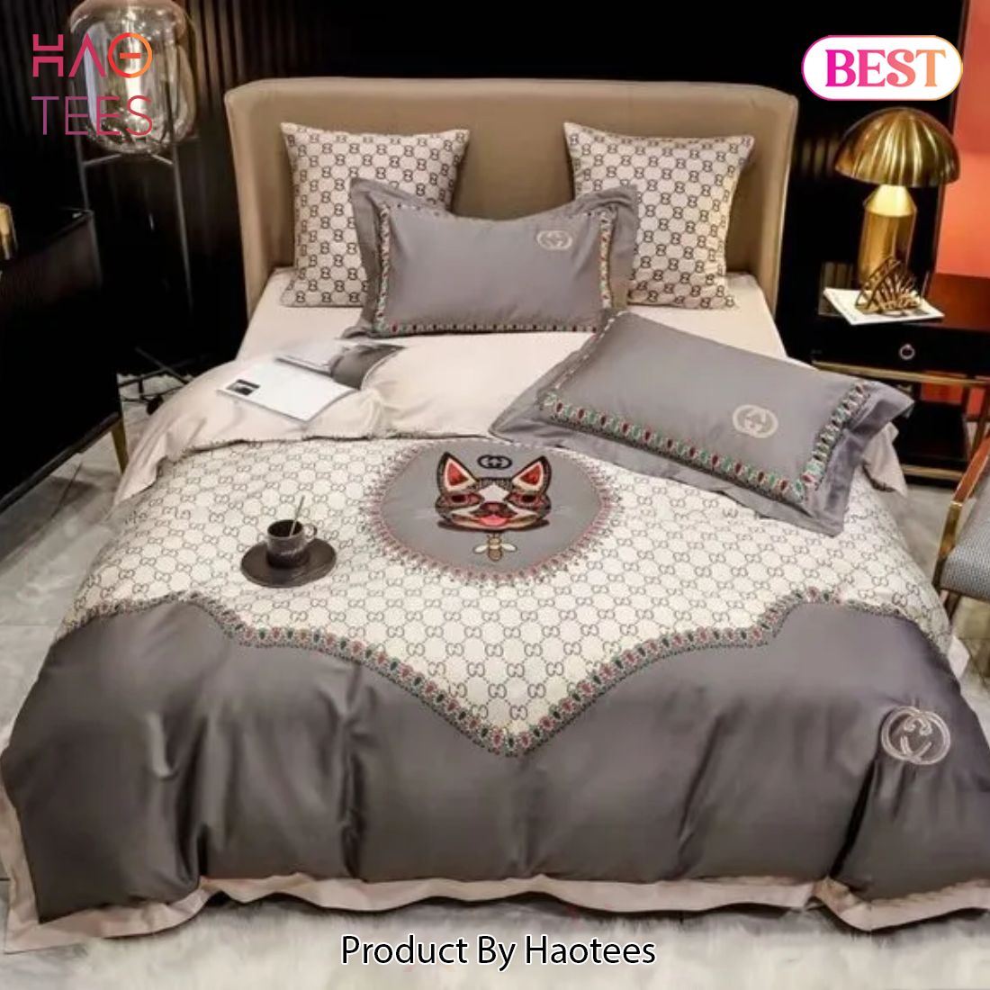 [SALE] Gucci Cat Grey Luxury Brand Bedding Set Bedspread Duvet Cover Set Home Decor Luxury Store