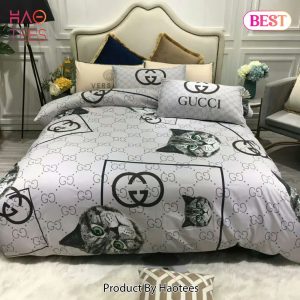 [SALE] Gucci Cat Luxury Brand High-End White Bedding Set Home Decor