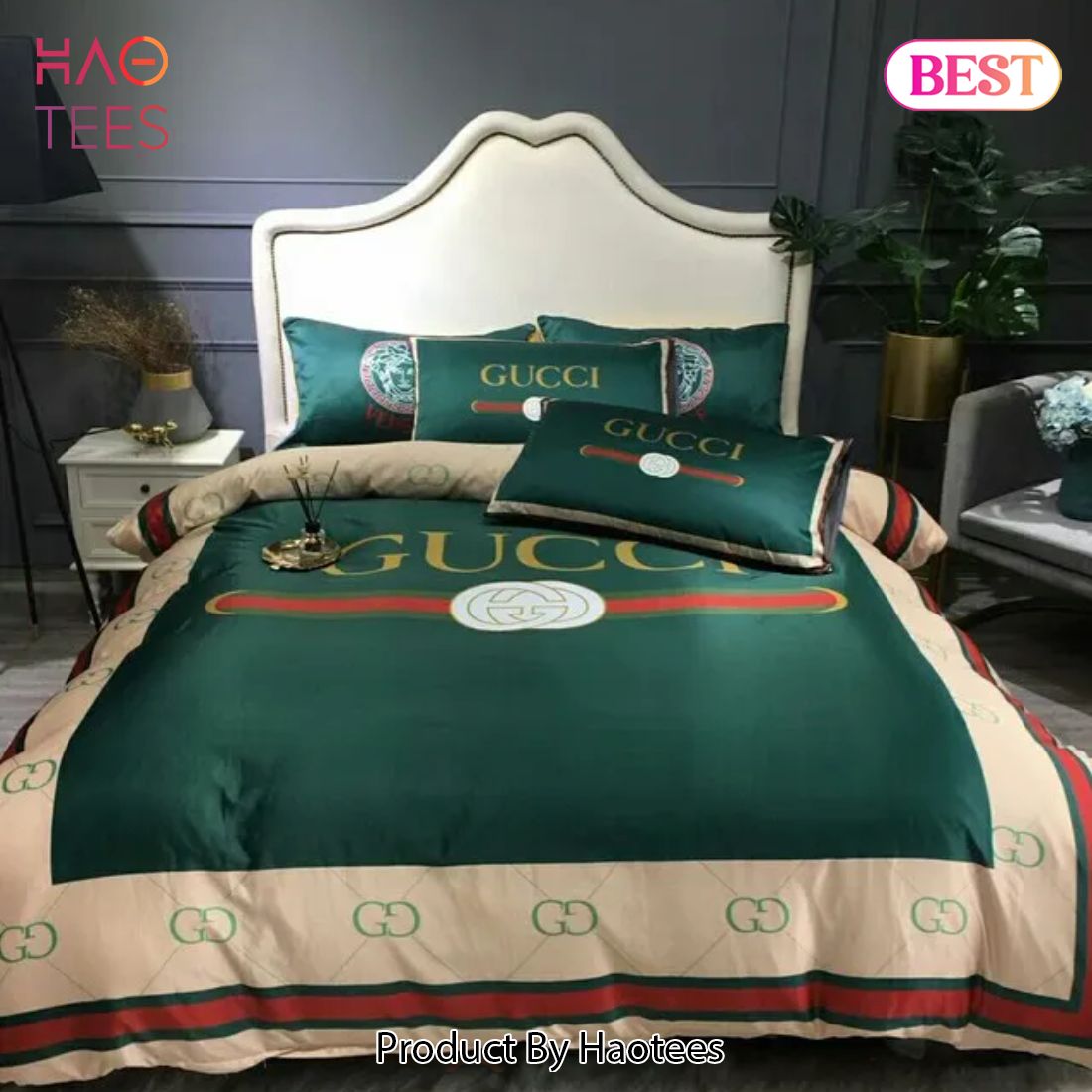 [SALE] Gucci Dark Green Luxury Brand Bedding Set Bedspread Duvet Cover Set Home Decor Luxury Store