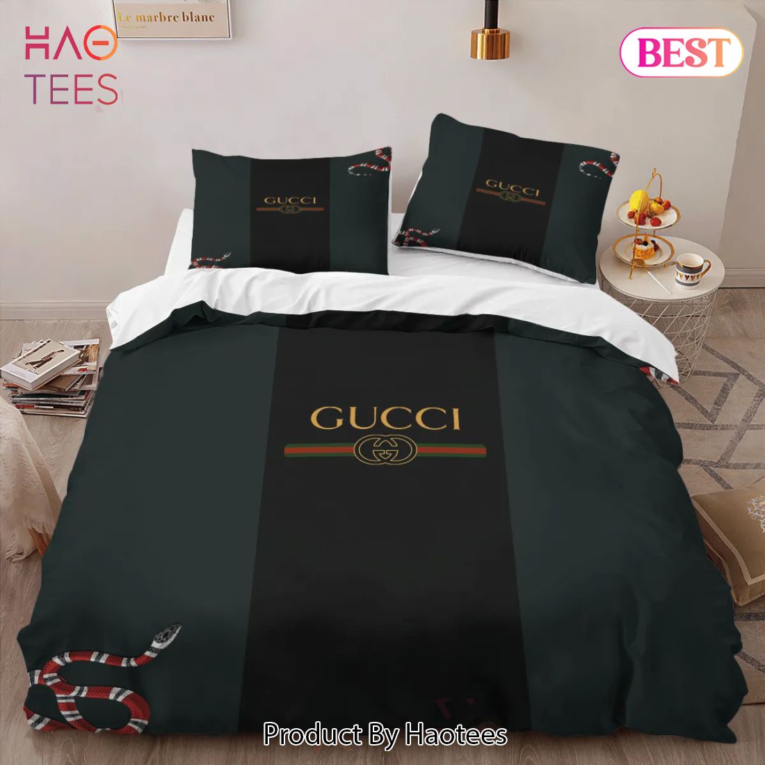 [SALE] Gucci Dark Snake Fashion Logo Premium Luxury Brand High-End Bedding Set LV Home Decor Luxury Store