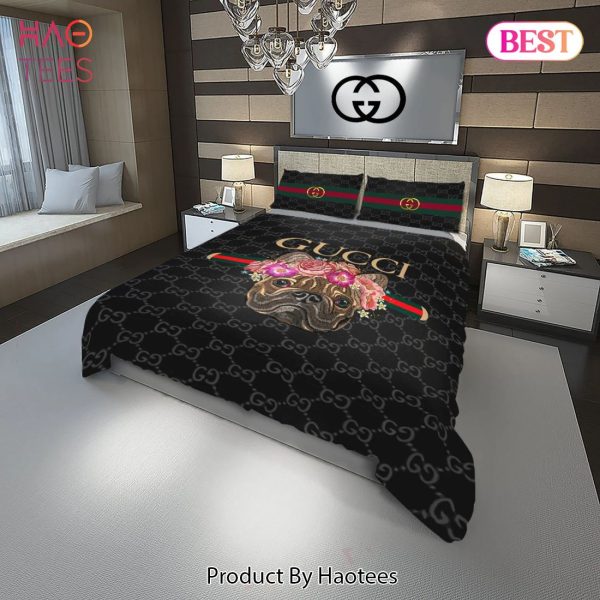 [SALE] Gucci Doggy And Flowers Fashion Logo Luxury Brand Premium Bedding Set Home Decor