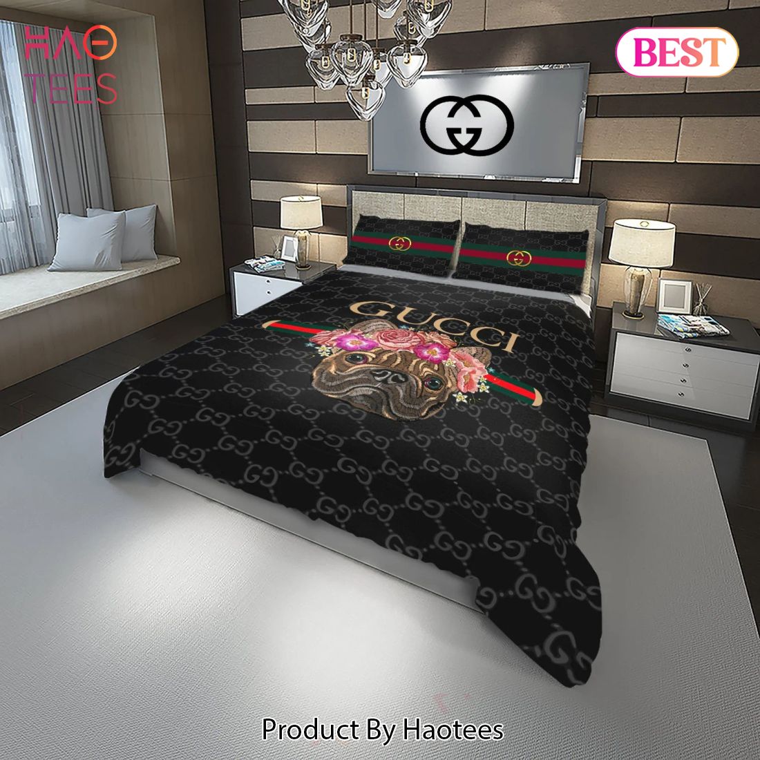 [SALE] Gucci Doggy And Flowers Fashion Logo Luxury Brand Premium Bedding Set Home Decor Luxury Store