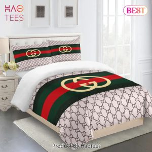 [SALE] Gucci Fashion Yellow Logo Red Green Limited Luxury Brand Bedding Set Home Decor