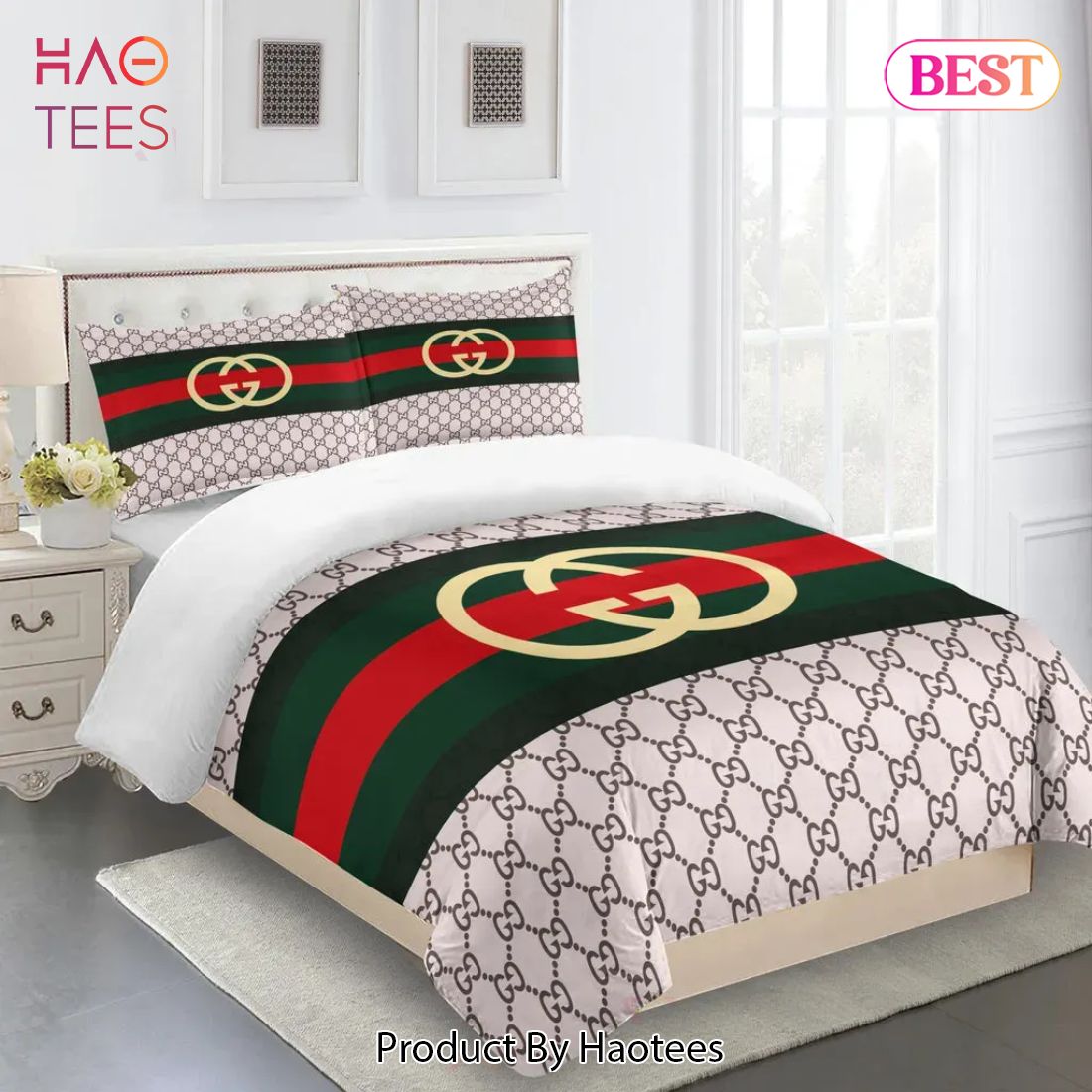 [SALE] Gucci Fashion Yellow Logo Red Green Limited Luxury Brand Bedding Set Home Decor Luxury Store