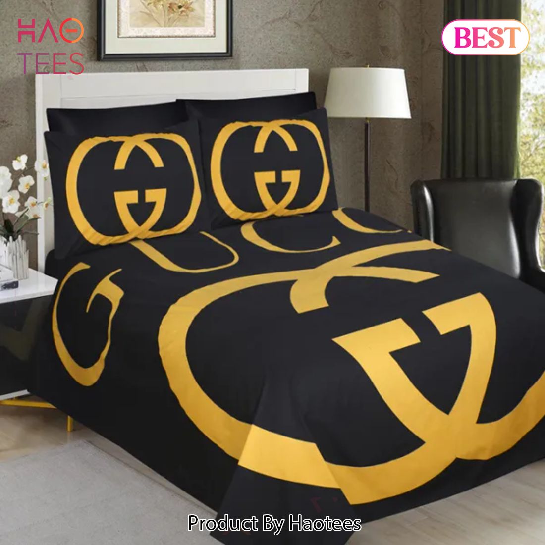 [SALE] Gucci Golden Logo Luxury Brand Bedding Set Home Decor Luxury Store