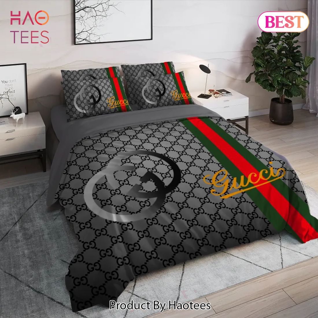 [SALE] Gucci Grey Luxury Brand High End Premium Bedding Set Home Decor Luxury Store